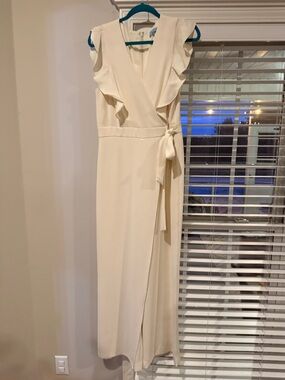 ANTONIO MELANI Cream Ruffle-Shoulder Wrap pantsuit